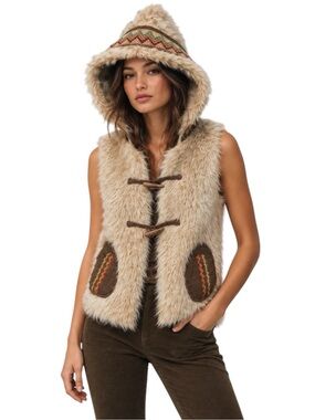 Aryeh Faux Fur Hooded Afghan-Inspired Boho Vest with Embroidered Trim Size XL